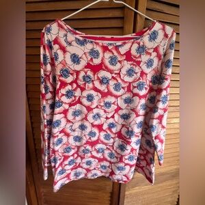 TALBOTS Blouse Size M Red White Blue Poppies Print Pull Over 3/4 Sleeves